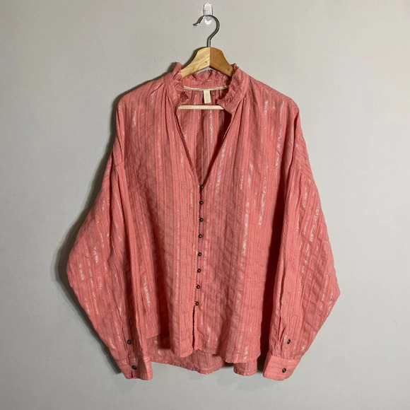 NWOT Anthropologie Pilcro Tavi Button Down Blouse Womens Large Pink Silver Tunic - Picture 4 of 15